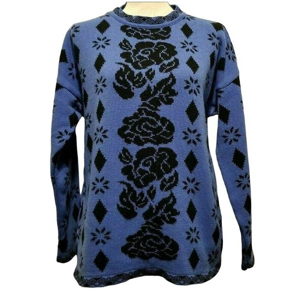 Vintage Sweaters - VTG 80s Blue Black Floral Sweater Womens Sz M Roses Pullover Crewneck‎ Chunky